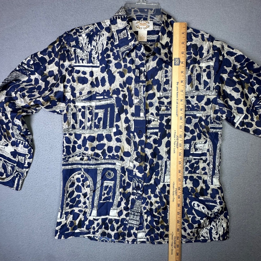Metro Express 100% Silk Blouse Architectural Animal Print Blue Cream Vintage S - Picture 5 of 9